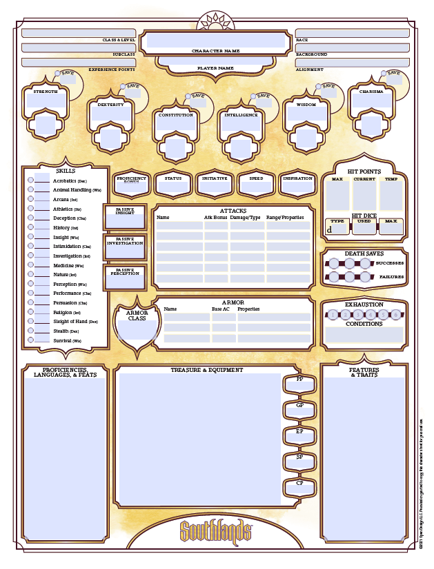 Southlands Character Sheet 5th Edition Kobold Press Store