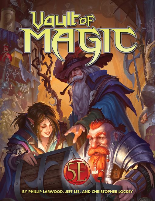 A wizard, dwarf, and rogue open a treasure chest with text VAULT OF MAGIC