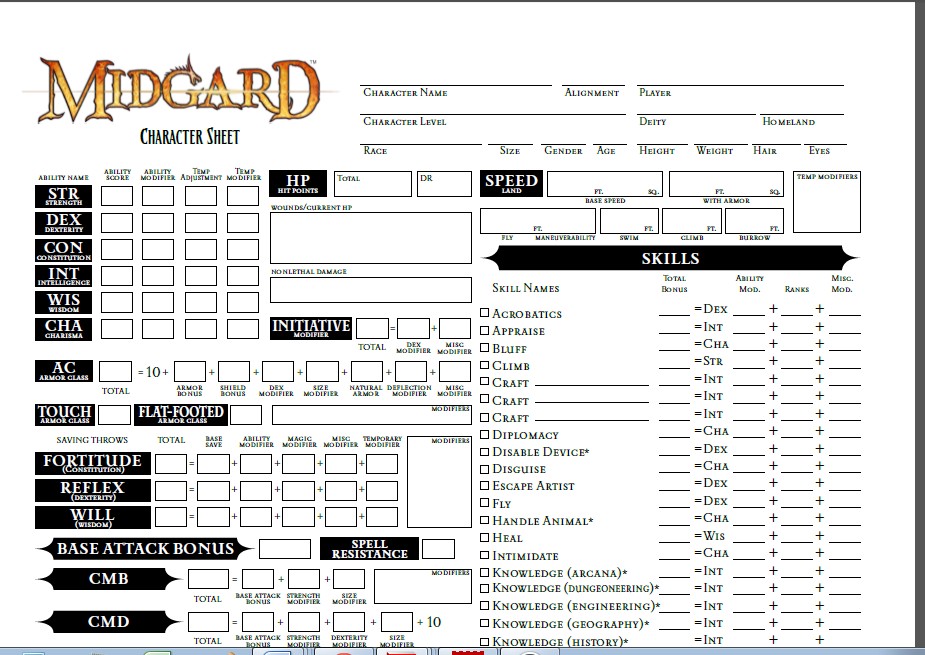 pathfinder rpg character sheet printable