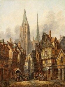 Pieter Cornelis Dommersen: A gothic cathedral in a medieval city