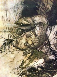 Sigurd as Conan; "Sigurd kills Fafnir" by Arthur Rackham, 1911