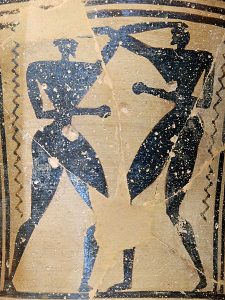 Wrestlers. Attic Late Geometric oinochoe, ca. 715-700 BC. From Thebes. (Marie-Lan Nguyen / Wikimedia Commons)