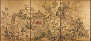Left of a pair of six-section folding screens (byōbu) painted in Chinese Southern School style. This screen depicts the Zuiweng Arbor at Mount Langya in which literati hold a gathering.