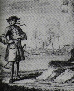 An engraving depicting the pirate Edward England with, in the background, the fight of the Fancy (left) and the Cassandra