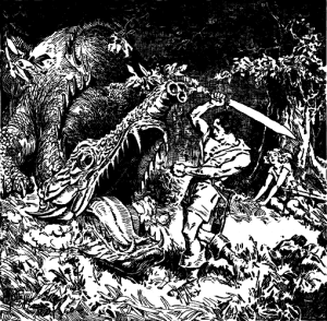 Illustration of a scene in Robert E. Howard's "Red Nails": this picture was first published in Weird Tales (July 1936, vol. 28, no. 1).