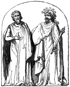 18th-century engraving reproducing a bas-relief found at Autun, France, depicting "two druids"