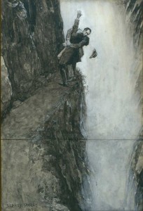 Holmes and Moriarty struggle at the Reichenbach Falls; drawing by Sidney Paget