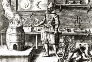 Illustration of an alchemy workshop. Courtesy of the National Library of Medicine.