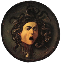 Medusa painted on a wooden shield by Caravaggio, circa 1592–1600 CE