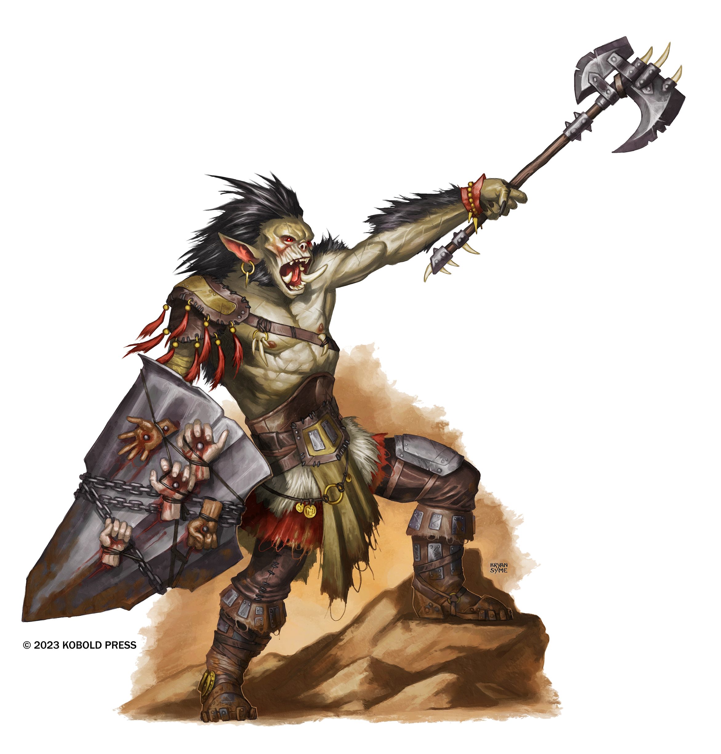 A strong Orc with a shield stands atop a rock raising his battle axe in celebration on the battlefield.