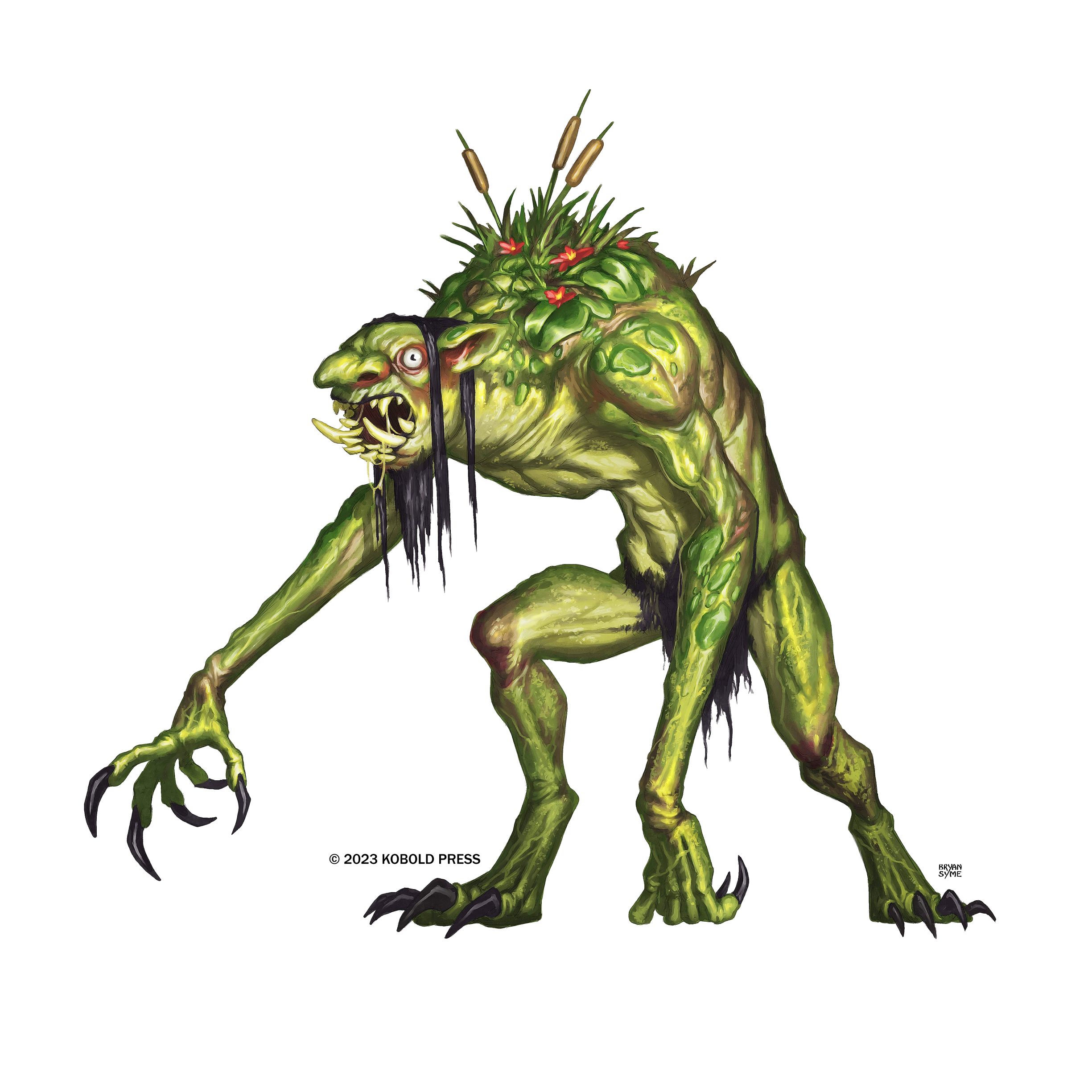 A bright green Troll with bulging eyes and jutting teeth hunches over with swamp plants growing off it's back.